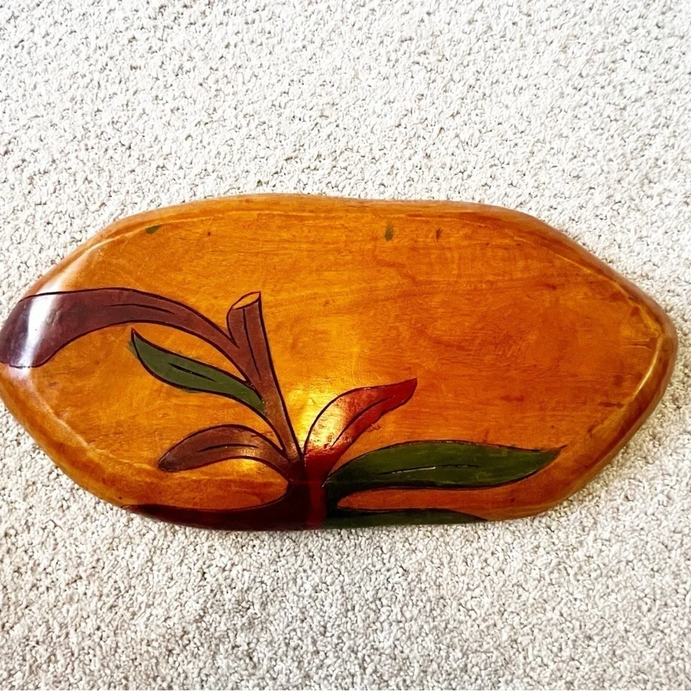 Vintage Mid Century Wooden Serving Tray Platter Boho Exotic Wood Divided Carved
